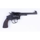 .38 Smith & Wesson six shot double action closed frame revolver, 6 ins barrel with blade foresight