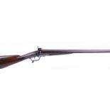 12 bore pinfire double sporting gun by E. Wilson, 29½ ins browned damascus barrels, the top rib re-