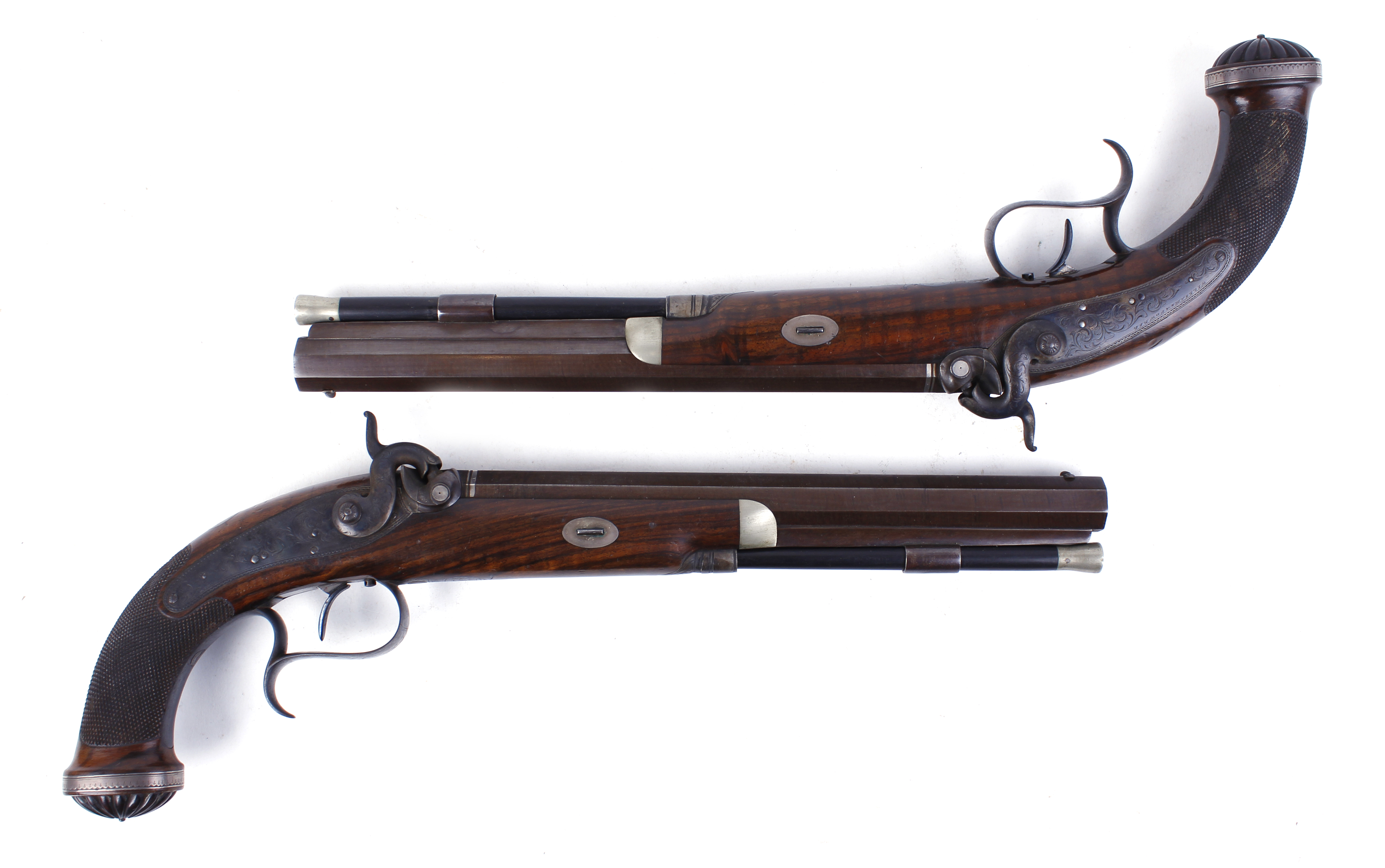 Cased pair 40 bore Percussion target pistols by Williams & Powell, each with a 10 ins damascus - Image 9 of 27