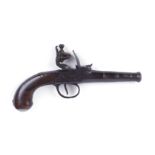 80 bore flintlock pocket pistol by Clarkson, 3½ ins cannon barrel, the action faintly scroll
