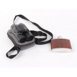 7 x 24 Bressner binoculars in carry pouch; 4oz stainless steel hip flask