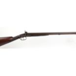 16 bore percussion double sporting gun, 30 ins damascus barrels (heavy pitting), platinum breech