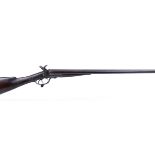12 bore pinfire double sporting gun by R. Watmough (Manchester), 30 ins damascus barrels, scroll