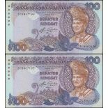 Malaysia, Bank Negara, a consecutive pair of 100 Ringgit, ND(1983-84), serial number ZC896718(4-5),