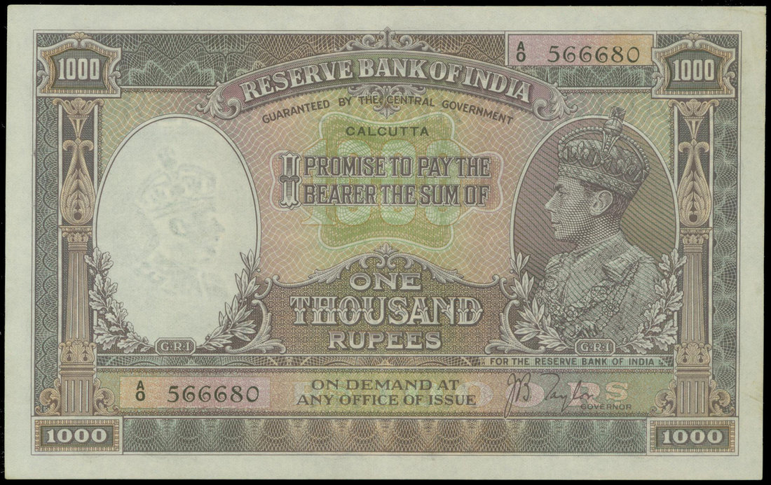 India, 1000 rupees, ND(1937), serial number A0 566680, purple brown and multicolour underprint, Geo