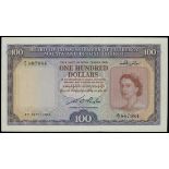Malaya and British Borneo, $100, 1953, serial number A/1 887884, grey violet on multicolour underpr