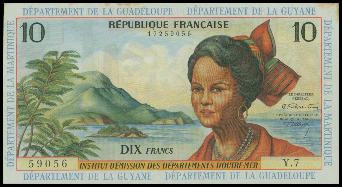 French Antilles, 20 francs, no date (1964), serial number Y.7 59056, multicolour, local woman at ri