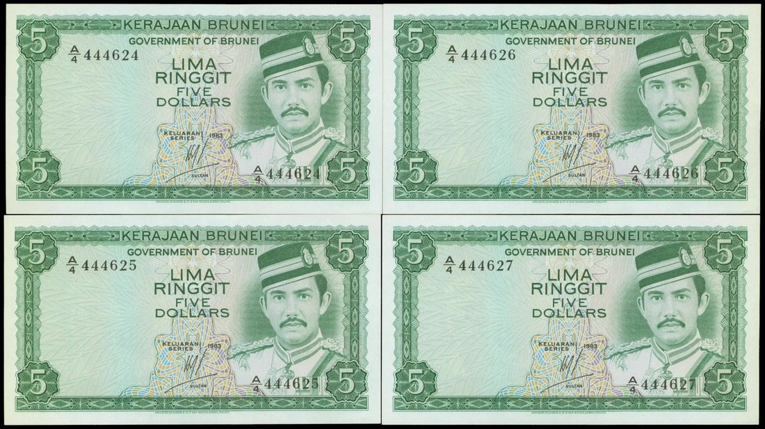 Government of Brunei, a consecutive run of 4x $5, 1983, serial number A/4 444624 to 627, (Pick 7b),