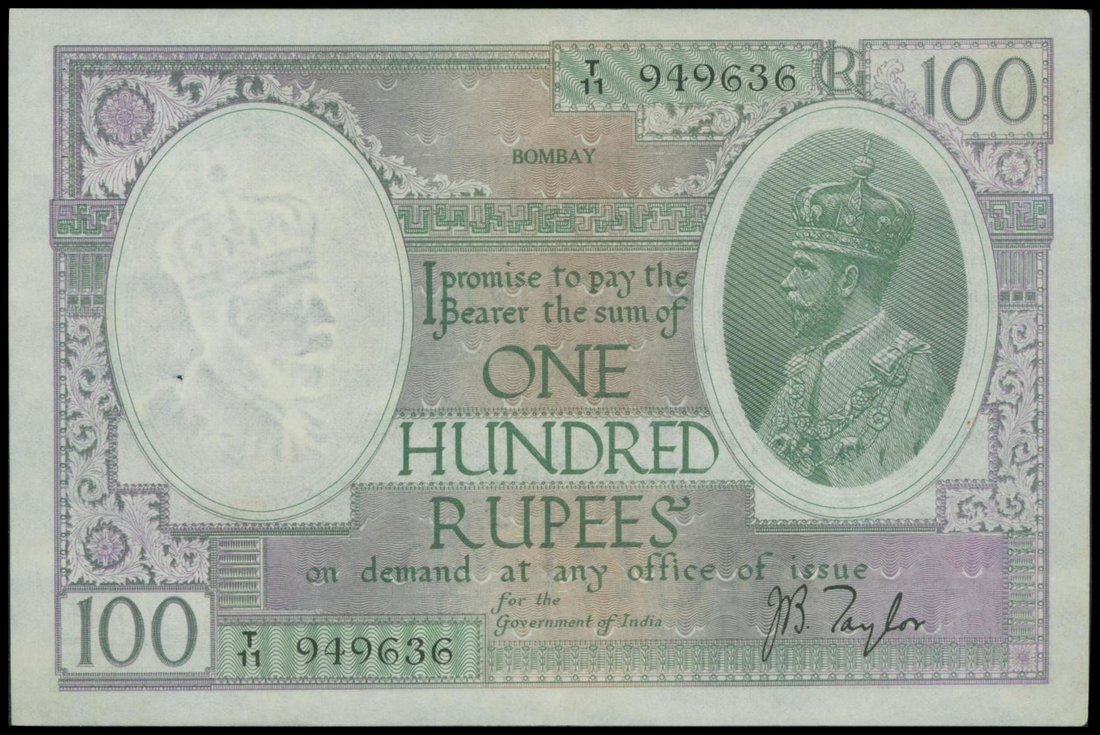 India, 100 rupees, ND(1917-36), Bombay, serial number T11 949636, light green on violet underprint,
