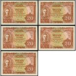 Malaya, Board of Commissioners of Currency, group of 5x 20 cents, 1941, brown on pink, George VI at