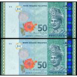 Malaysia, a consecutive pair of 50 ringgit, ND(2009), serial number LS 0577716-7, green-blue on mul