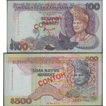 Malaysia, Bank Negara, a pair of specimen of 100 and 500 Ringgit, ND(1988-89), 'CONTOH' printed in