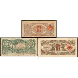 Malaya, Japanese Invasion Money, a group of 3 with seldomly seen red overprints,