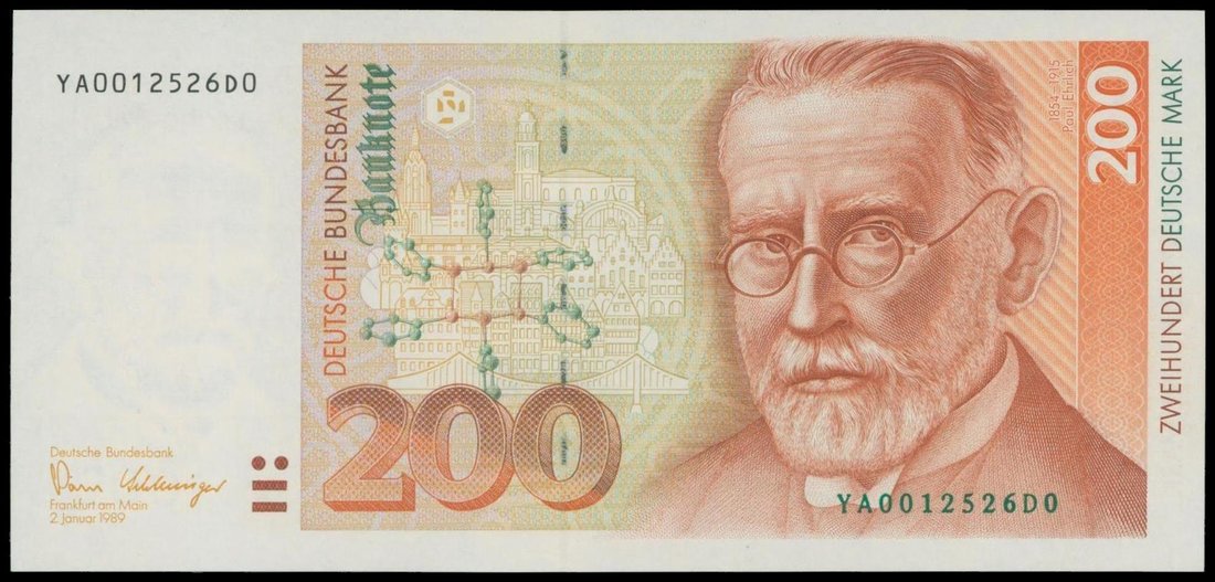 Deutsche Bundesbank, a replacement 200 Deutsche Mark, 1989, green serial YA0012526D0, (Pick 42*),