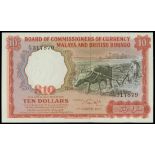 Malaya and British Borneo, $10, 1.3.1961, black serial A/77 317879. (Pick 9a),