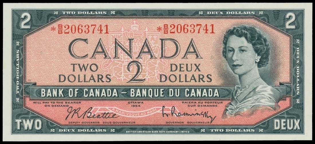 Canada, $2, 1954, replacement note, serial number *B/B2063741, black on orange and red underprint,