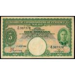 Malaya, $5, 1941, serial number B/71 087378, green on yellow underprint, George VI at right, lion w