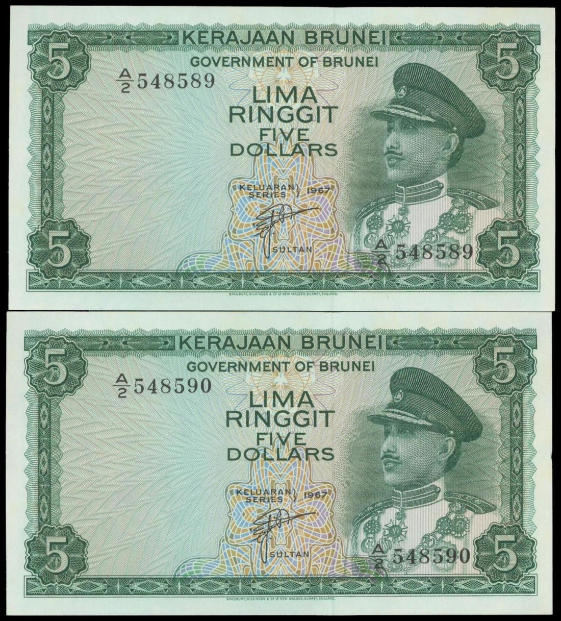 Government of Brunei, a consecutive pair of $5, 1967, serial number A/2 5485(89-90), (Pick 2a),