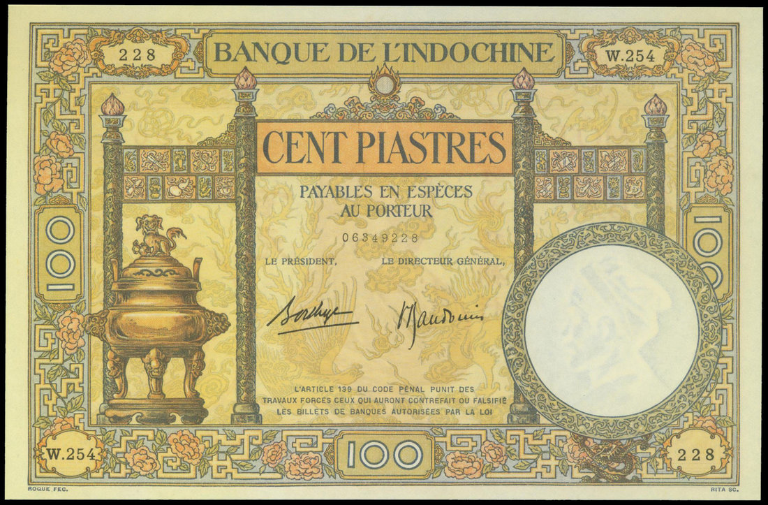 Banque de L'Indochine, 100 piastres, ND(1936-39), black serial W.254 228, (Pick 51d),
