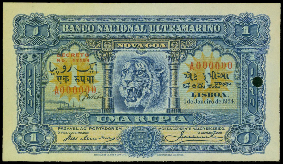 Portuguese India, 1 rupiah, specimen, 1924, serial number A000000, (Pick 23As),