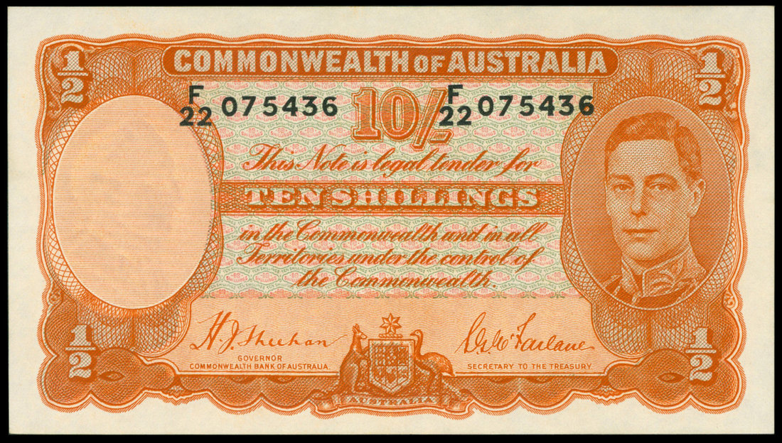 Commonwealth of Australia 10 shilling, ND (1939), serial number F/22 075436, (Pick 25a),