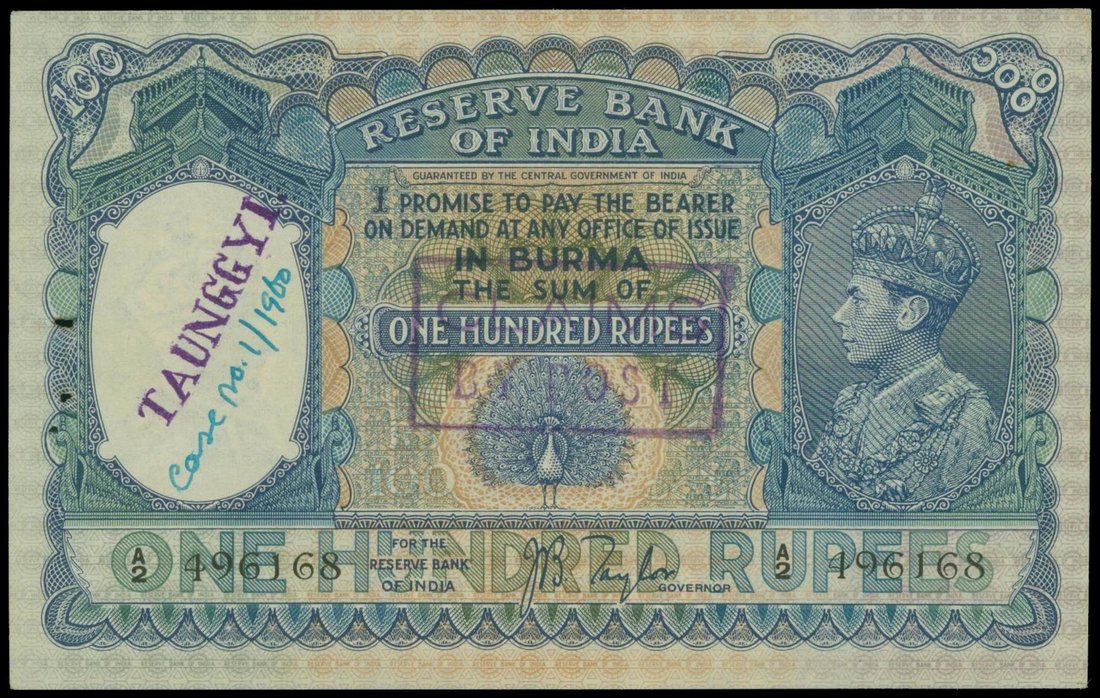 Burma, the Reserve Bank of India, 100 rupees, ND(1939), serial number A2 496168, grey blue on multi