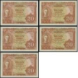 Malaya, Board of Commissioners of Currency, group of 5x 20 cents, 1941, brown on pink, George VI at