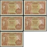 Malaya, Board of Commissioners of Currency, group of 5x 20 cents, 1941, brown on pink, George VI at