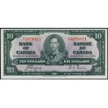 Canada, $10, 1937, serial number H/T4976811, black on purple underprint, George VI at centre, PMG 6