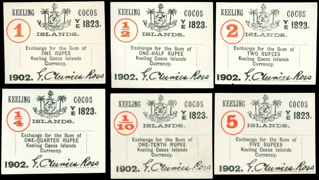 Keeling Coco Islands, a set of 1/10, 1/4, 1/2, 1, 2 and 5 rupees, 1902, black and red, small unifac