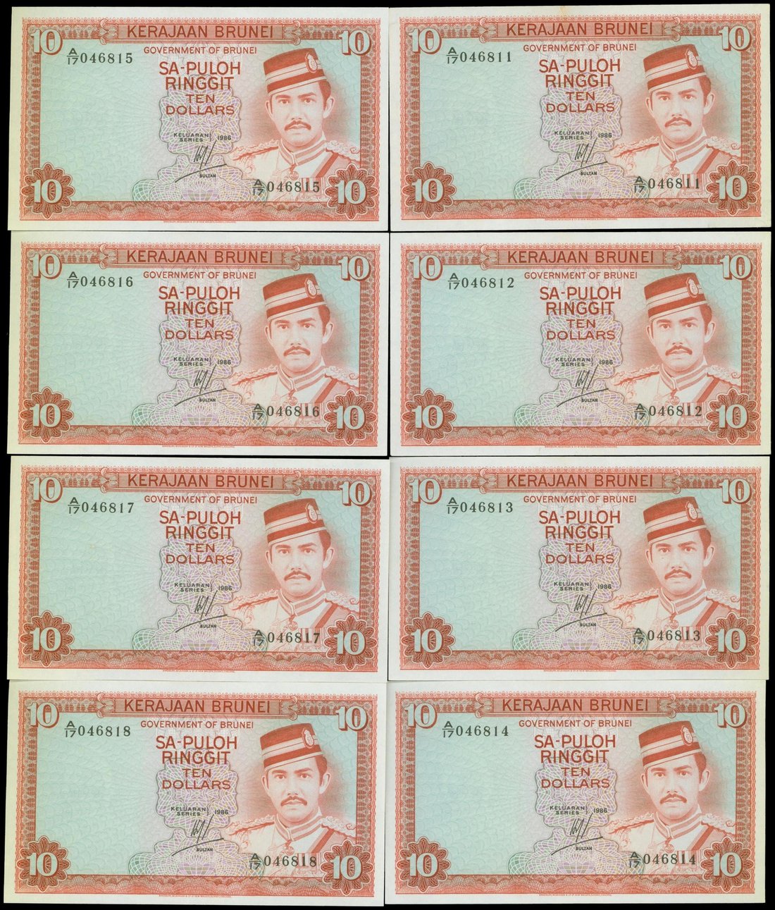 Government of Brunei, a consecutive run of 8x $10, 1986, serial number A/17 046811 to 818, (Pick 8b