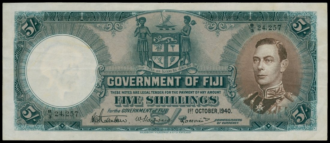 Fiji, 5 shillings, 1940, serial number B/3 24257, grey green and brown, George VI at right, PMG 30