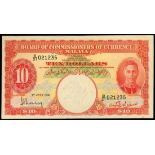 Malaya, $10, 1941, serial number B/21 021235, red on multicolour underprint, George VI at right, wa