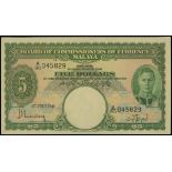 Board of Commissioners of Currency Malaya, $5, 1941, serial number A/90 045829, (Pick 12),