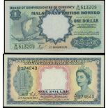 Malaya and British Borneo, a pair of $1, 1953 and 1959, black serial A/8 174840 and A/34 513209, (P