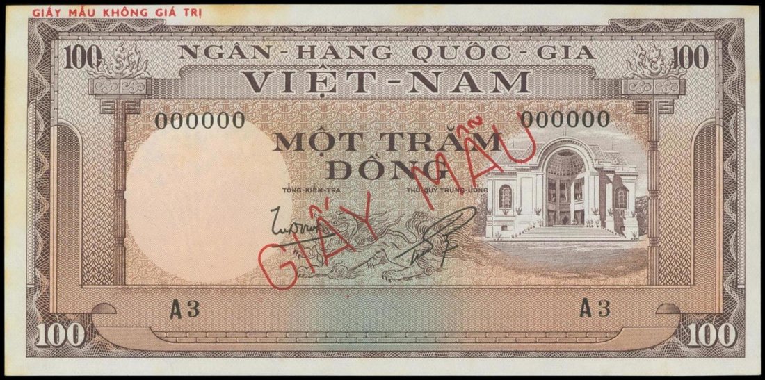 Viet Nam, South, 100 dong, ND(1966), specimen, GIAY MAU' overprinted on obverse and reverse,