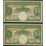 Board of Commissioners of Currency Malaya, consecutive pair of $5, 1.7.1941, serial number F/7 0842