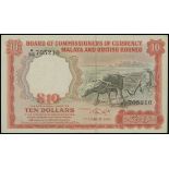 Malaya & British Borneo, $10, 1.3.1961, serial number A/96 705210, (Pick 9b),