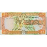 Macau, Banco Nacional Ultramarino, 1000 patacas, 1988, serial number AA88795, (Pick 63a),