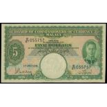 Board of Commissioners of Currency Malaya, $5, 1.7.1941, serial number E/53 063758, (Pick 12),