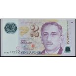 Singpore, Monetary Authority, $2, 2006, solid serial number 2HB222222, purple and multicolour, Yuso