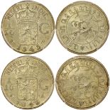 Netherlands East Indies, lot of 2x silver 1/10 gulden, both dated 1945-P, (KM-318),