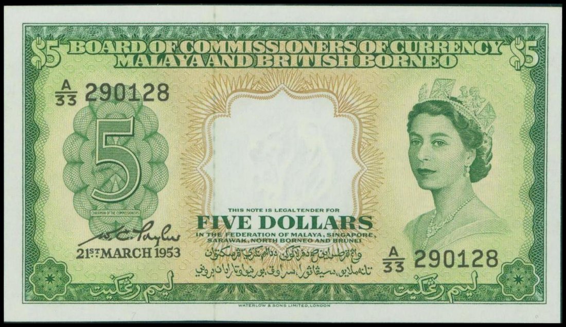 Malaya and British Borneo, Board of Commissioners of Currency, $5, 1953, serial number A/33 290128,