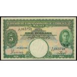 Board of Commissioners of Currency Malaya, $5, 1.7.1941, serial number B/87 055757, (Pick 12),