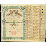 Banque Franco-Chinoise, a lot of 3 certificates of shares for 500 francs, 1938, green ornate border