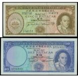 Macau, Banco Nacional Ultramarino, pair of 5 and 10 patacas, 1968 and 1963, serial number 554572 an