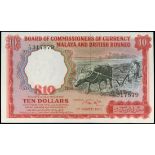 Malaya & British Borneo, $10, 1961, serial number A/77 317879, red and black on multicolour, farmer