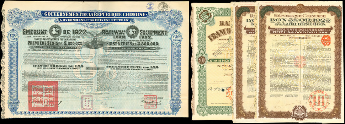 Mixed lot, a group of Railway Equipment Loan, 1922, 2 x 5% Gold Bond 1925 and 2 x Banque Franco-Chi