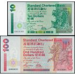 Standard Chartered Bank, a pair of $10 and $100, 1995 and 1997, identical low serial number CK00000