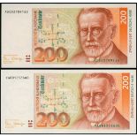 Deutsche Bundesbank, a pair of normal and replacement 200 Deutsche Mark, 1989, serial number YA0012